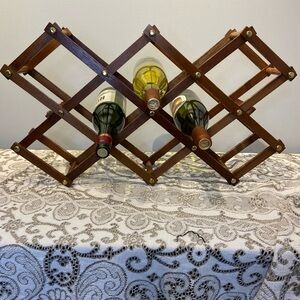 Vintage Wine Rack Wood & Brass Folding Accordion Collapsible